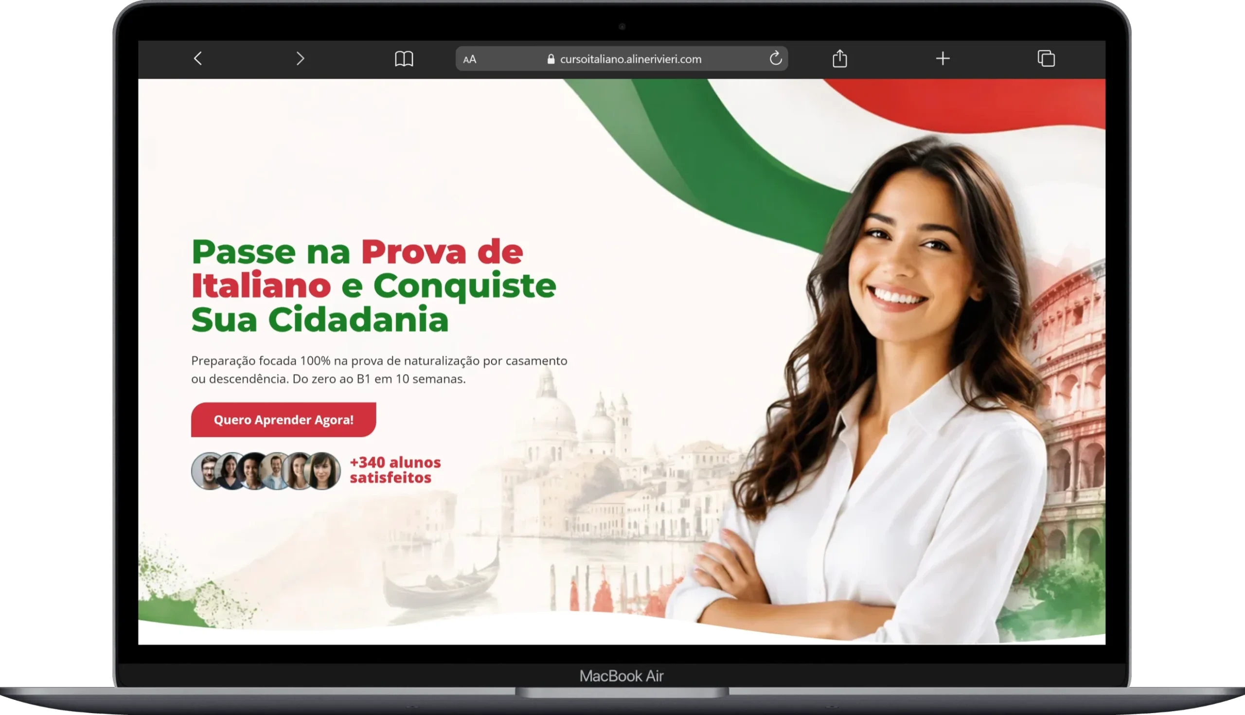 Site para professora de italiano apresentado em um MacBook