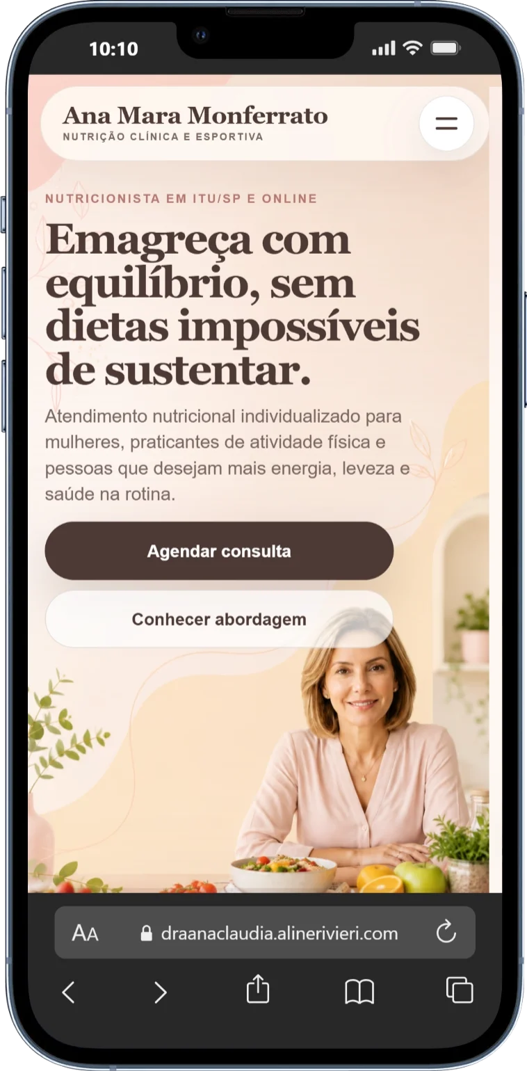 Versão para celular do site para nutricionista